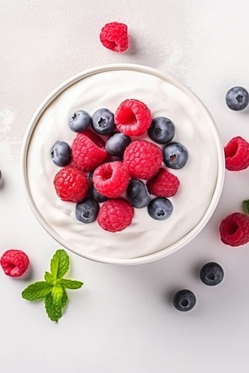 A delightful serving of Greek Yogurt & Fresh Berries, embodying a fun recipe for a healthy snack or dessert for breakfast, ready in 5 minutes.