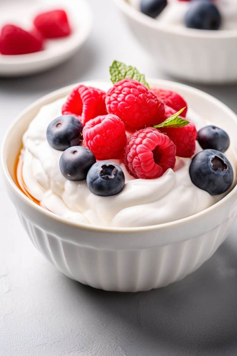 Creamy Greek yogurt paired with fresh blueberries and raspberries, showcasing a low carb and keto-friendly option for an easy breakfast or healthy dessert.
