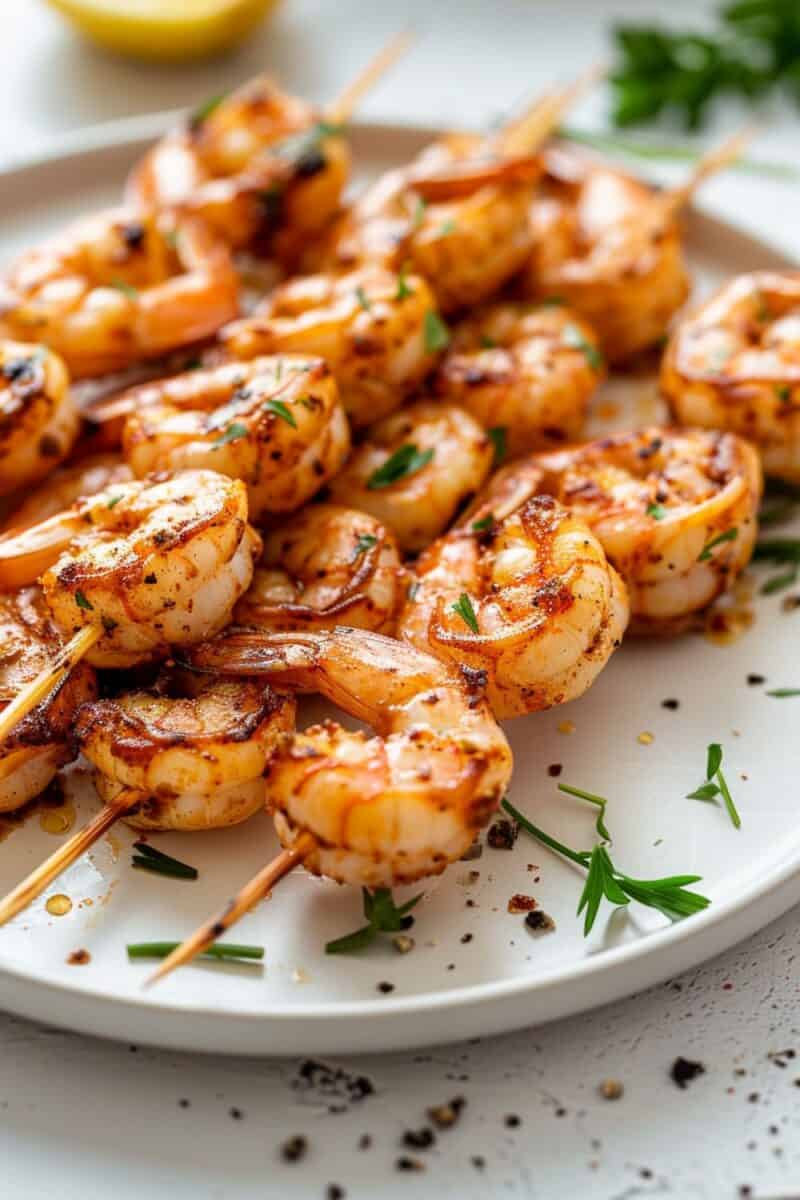 Tender shrimp kababs, expertly seasoned and grilled, making for a delightful and quick summer meal or appetizer, perfect for any occasion.