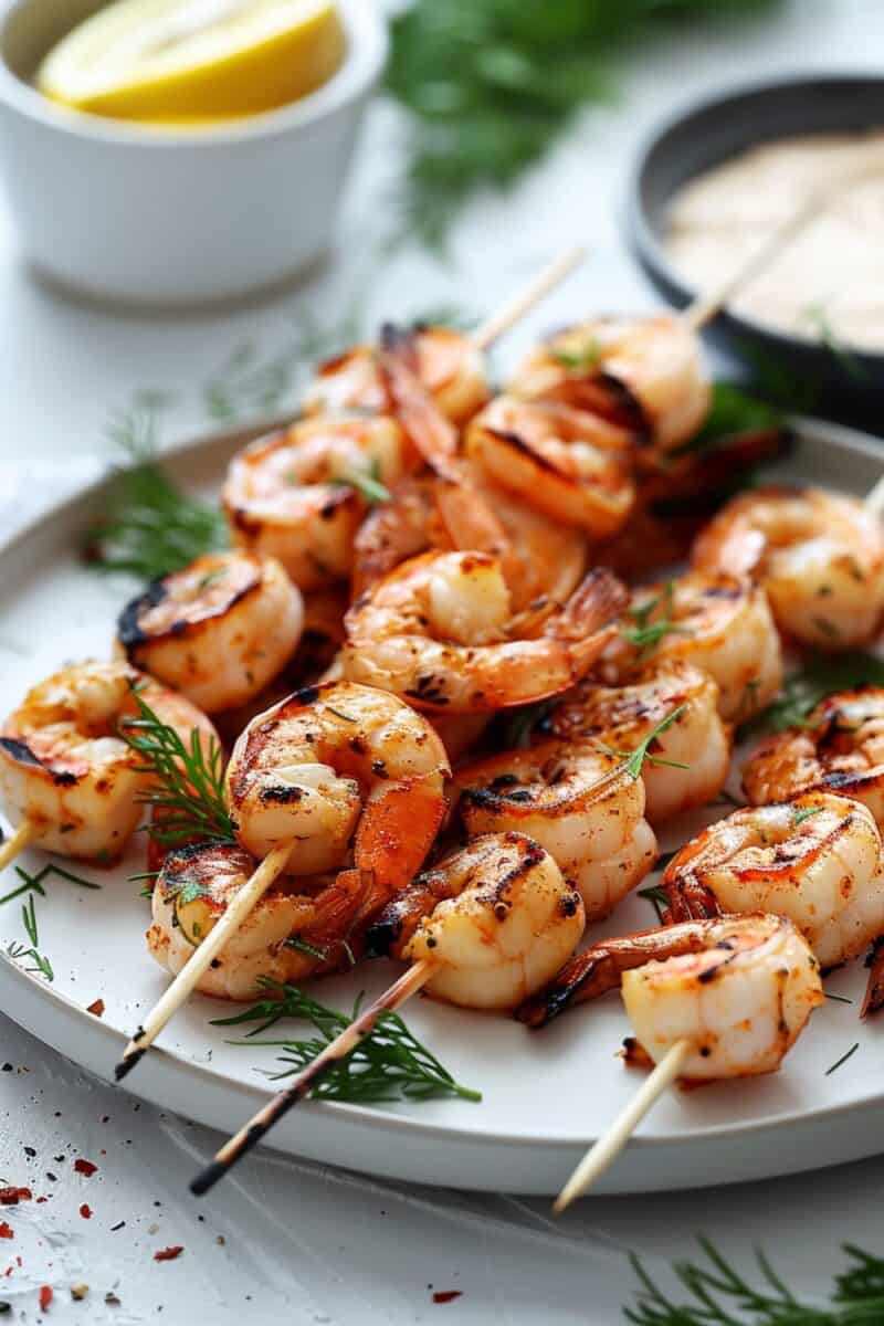 Succulent shrimp marinated in olive oil and spices, then grilled to perfection, offering a simple yet flavorful appetizer for any gathering.