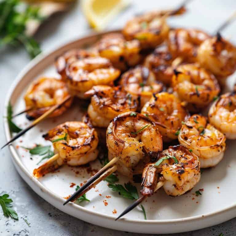 Juicy grilled shrimp skewers seasoned with garlic and herbs, showcasing a quick and healthy meal option for summer BBQs.