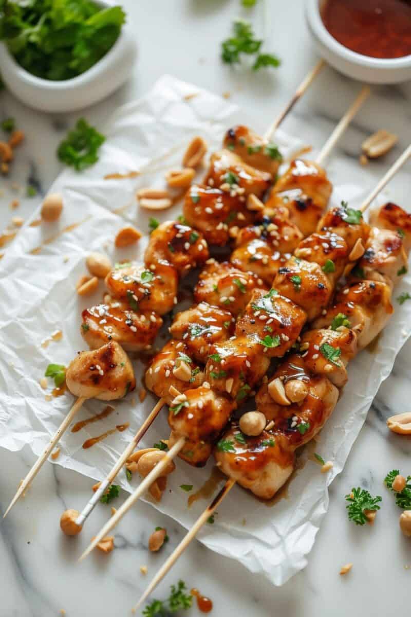 Overhead view of Garlic Honey Glazed Chicken Kebabs on parchment paper, a perfect blend for a gluten-free meal, showcasing an easy meal prep option and a hit for summer BBQ recipes and quick dinner ideas.