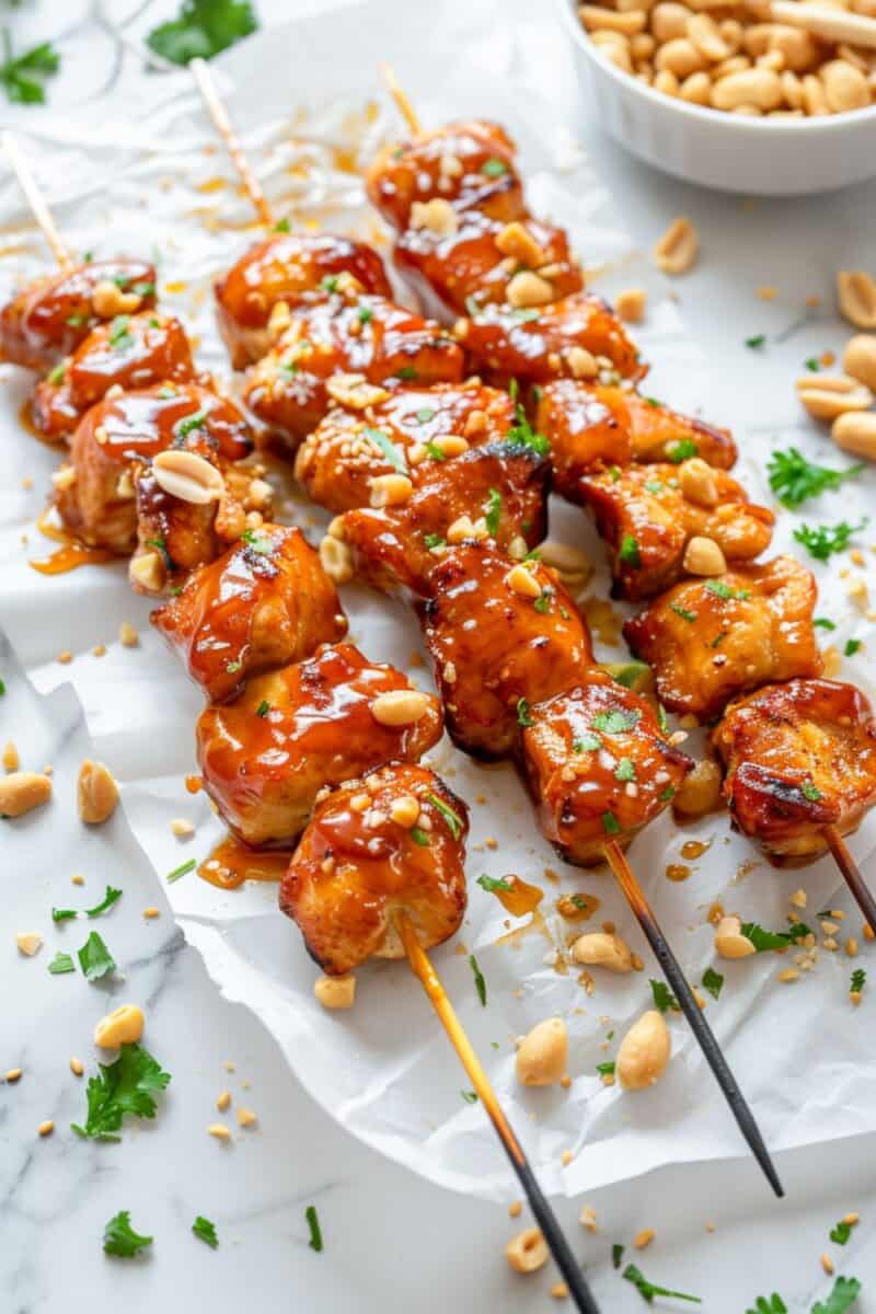 Three Garlic Honey Glazed Chicken Kebabs on parchment paper, showcasing their succulent texture and the glossy glaze, perfect for a light summer dinner, easy meal prep, and as a standout dish for any weekend barbecue.