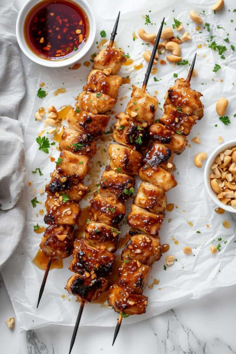 Overhead shot of Honey Garlic Chicken Skewers on parchment, highlighting the dish as a top summer recipe for easy dinner ideas and weekend BBQs.
