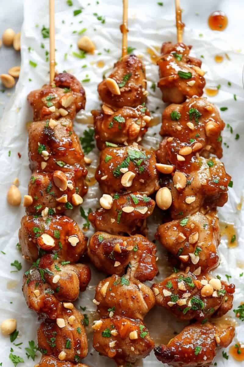 Close-up of Garlic Honey Glazed Chicken Kebabs on parchment paper, emphasizing the savory glaze and tender chicken, ideal for a healthy, quick weeknight meal or a delicious addition to weekend barbecues.