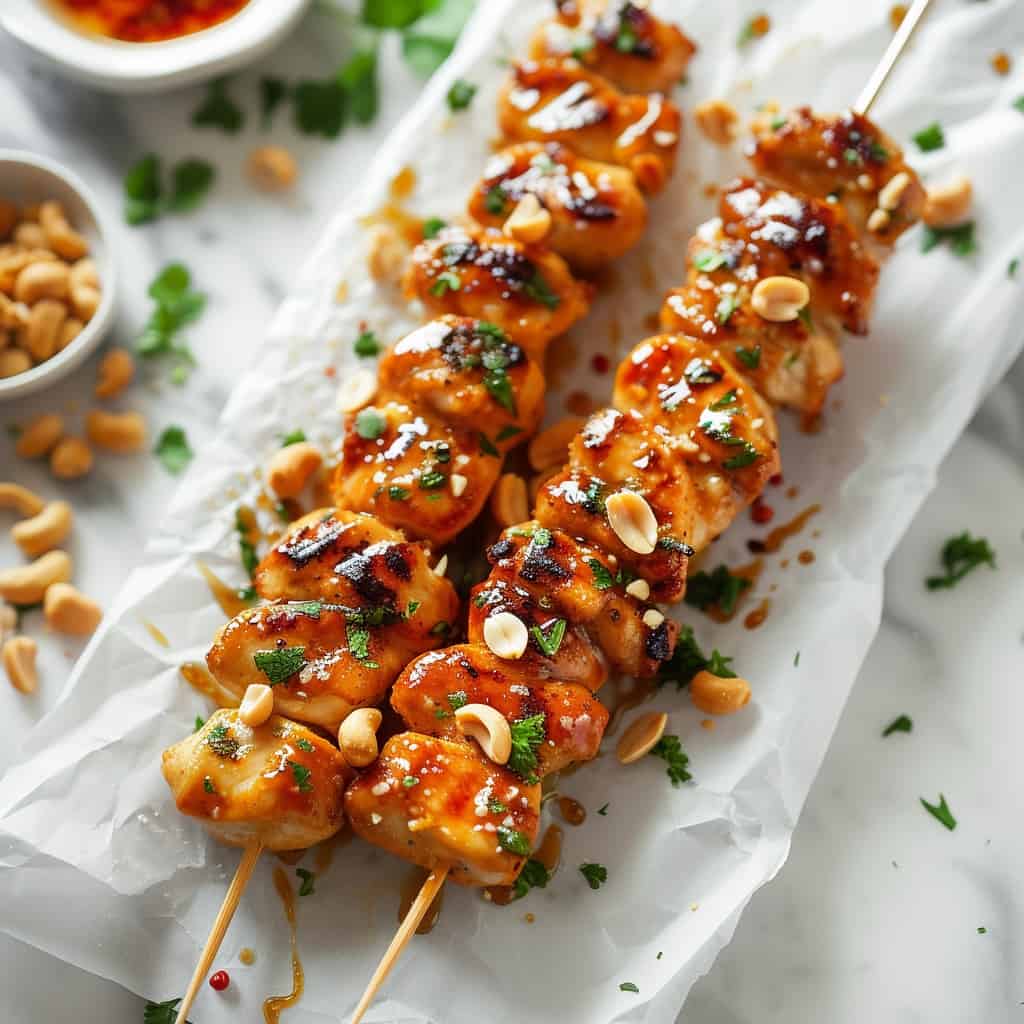 uicy chicken chunks glazed in golden honey garlic sauce on Grilled Honey Garlic Chicken Skewers, presented on parchment paper and adorned with fresh herbs.