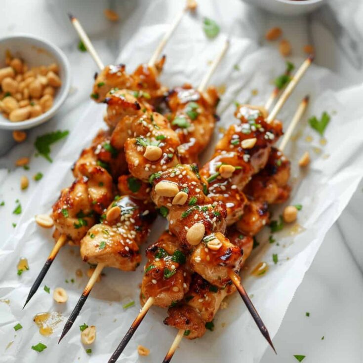 Honey Garlic Chicken Skewers arranged neatly on parchment paper, showcasing the glossy glaze and grill marks, ready to be served.