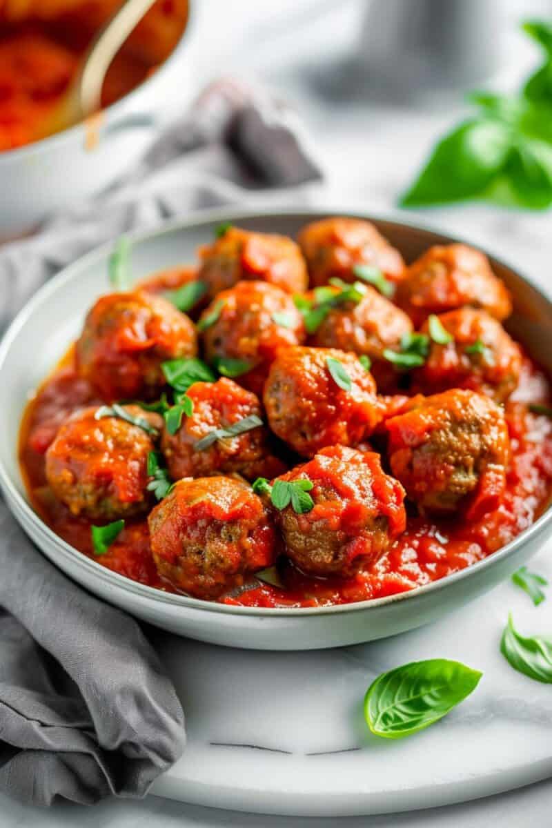 Juicy Italian meatballs covered in a thick tomato sauce with a sprinkle of grated Parmesan cheese, served in a rustic ceramic plate.