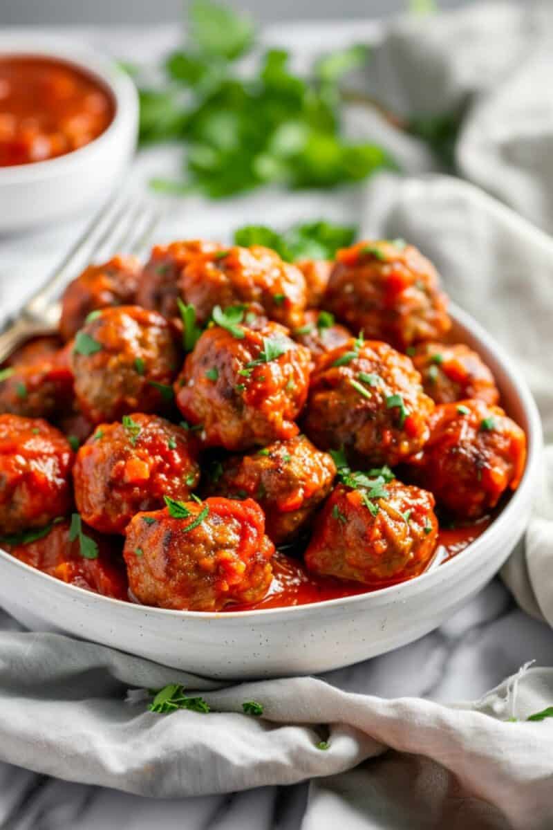 Close-up of succulent meatballs in vibrant tomato sauce, highlighting the depth of color and fresh basil garnish, epitomizing Italian cuisine.