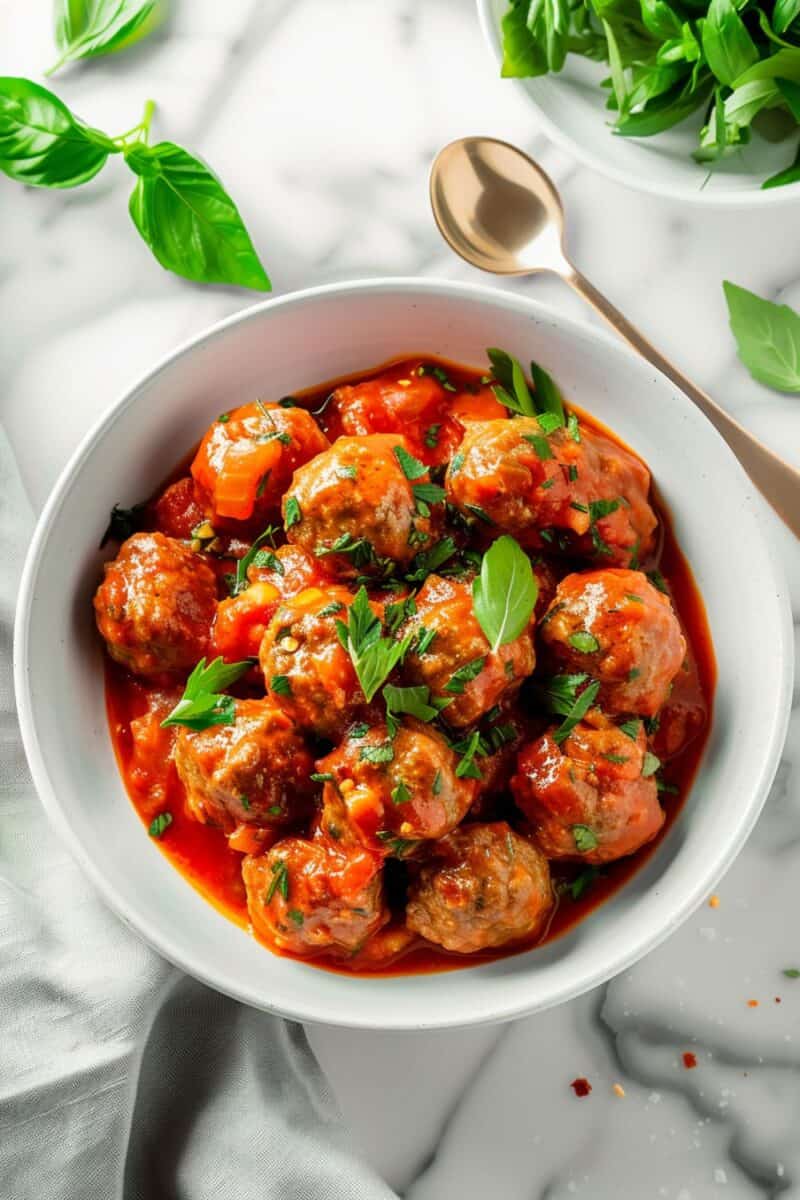 Overhead view of Italian Meatballs in Tomato Sauce, beautifully arranged in a white bowl, showcasing the contrast of red sauce and green basil.