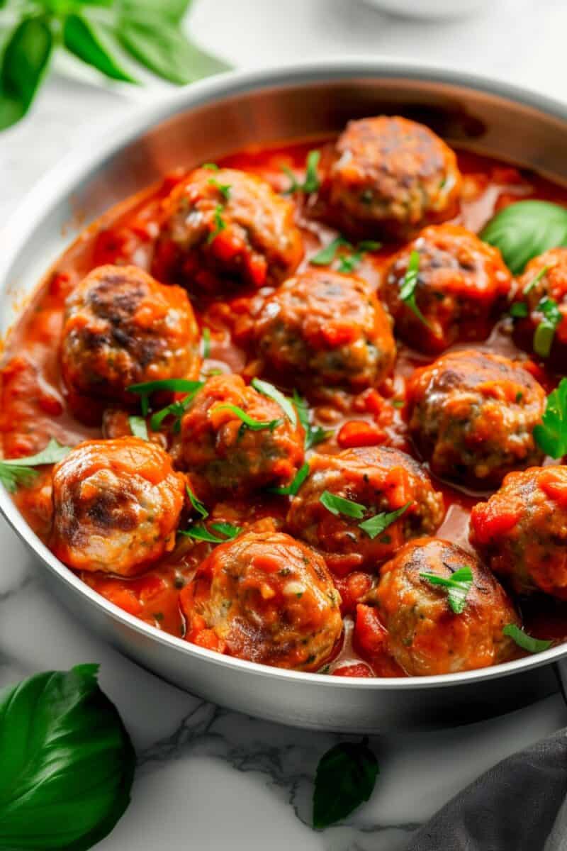 Sizzling Italian meatballs in a pan, smothered in rich tomato sauce, with steam rising, capturing the essence of cooking in an Italian kitchen.