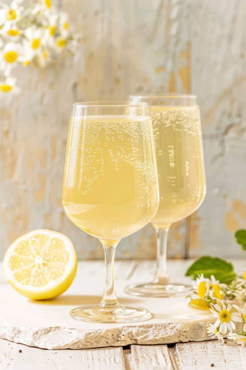 Sunlight glimmers on the bubbling Limoncello Prosecco Spritzer in an elegant wine glass, set against a backdrop of delicate flowers, creating a serene invitation to relax.