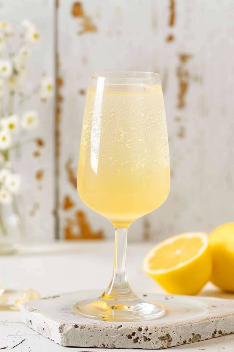 A vibrant Limoncello Spritz sits in a wine glass, its golden hue glowing against a backdrop of delicate floral arrangements, embodying the essence of summer refreshment.