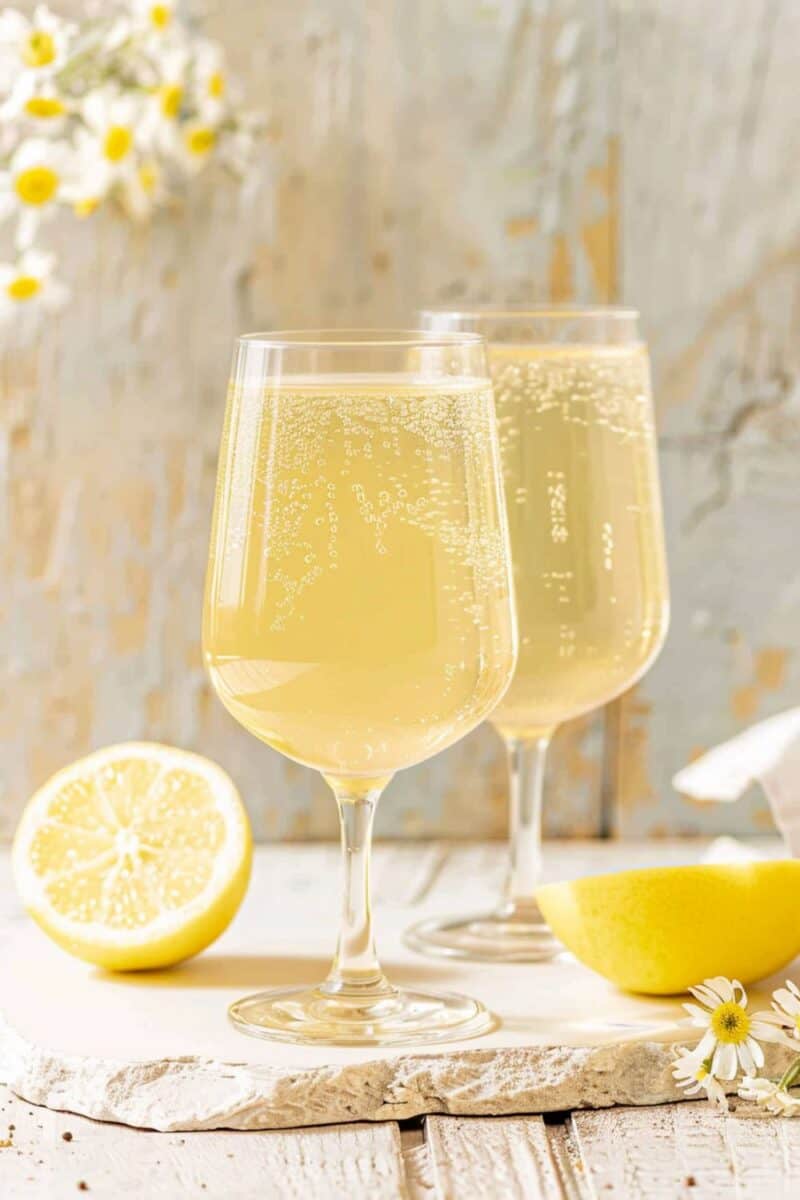 Sunlight gleams on the bubbly Limoncello Spritz in an elegant wine glass, creating a stunning contrast against the gentle floral decorations behind, beckoning a serene moment of leisure.