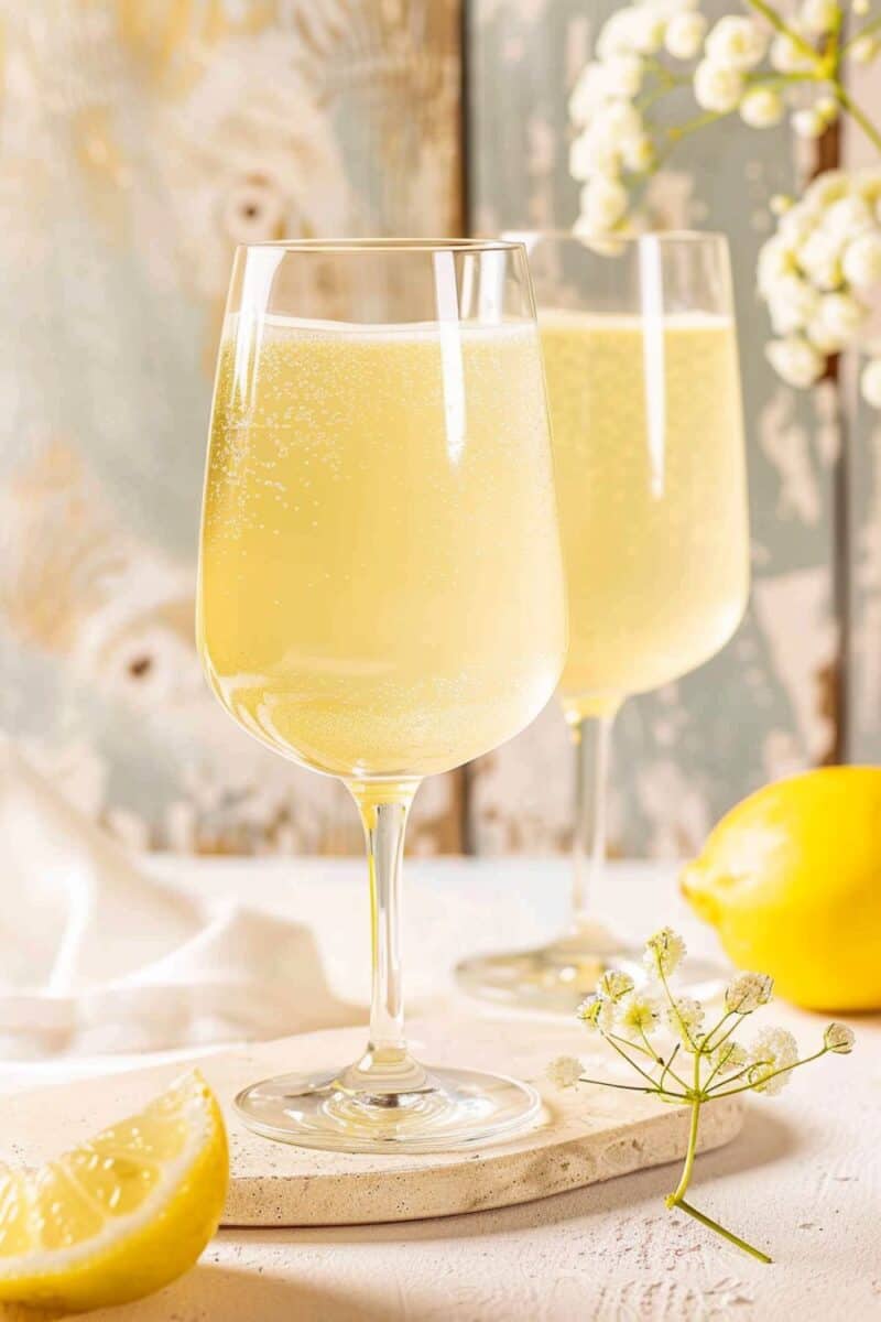 Golden light catches on the effervescent Summer Lemon Spritz in a sleek wine glass, contrasting beautifully with the subtle floral decor in the background, inviting a moment of relaxation.