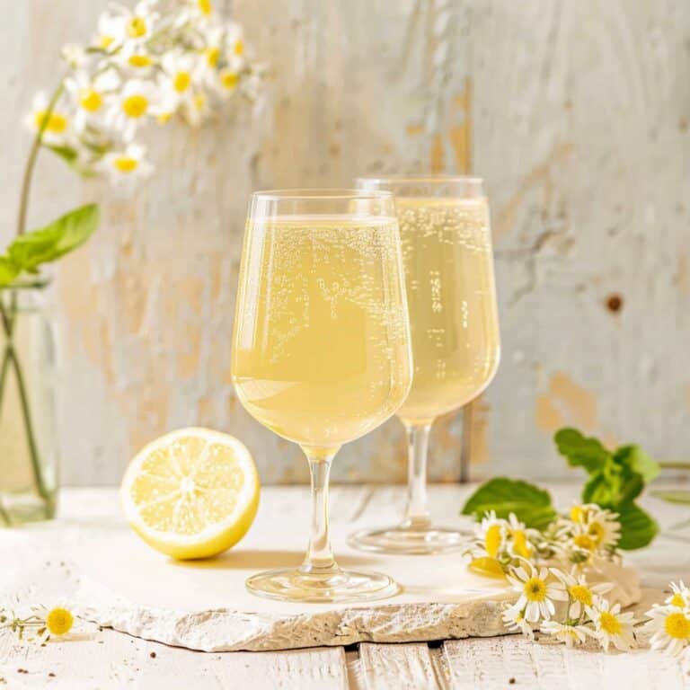 The vibrant yellow of a freshly made Limoncello Spritz contrasts elegantly against a backdrop of blurred flowers, highlighting the drink's simplicity without any garnishes.