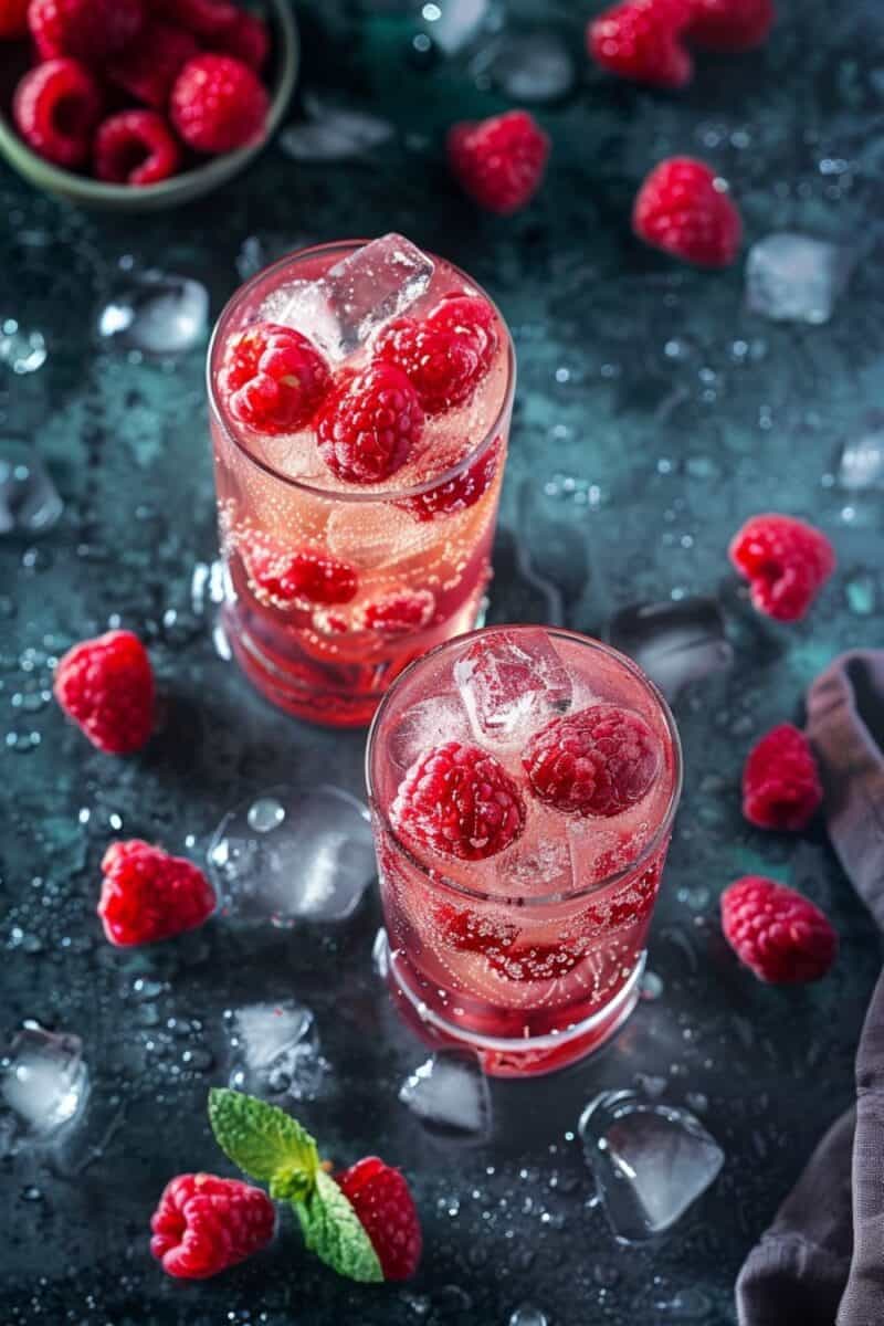 An overhead view of two Raspberry Collins cocktails, their vivid red hues and garnishes of raspberries and lemon slices beautifully arranged on a summer table setting.