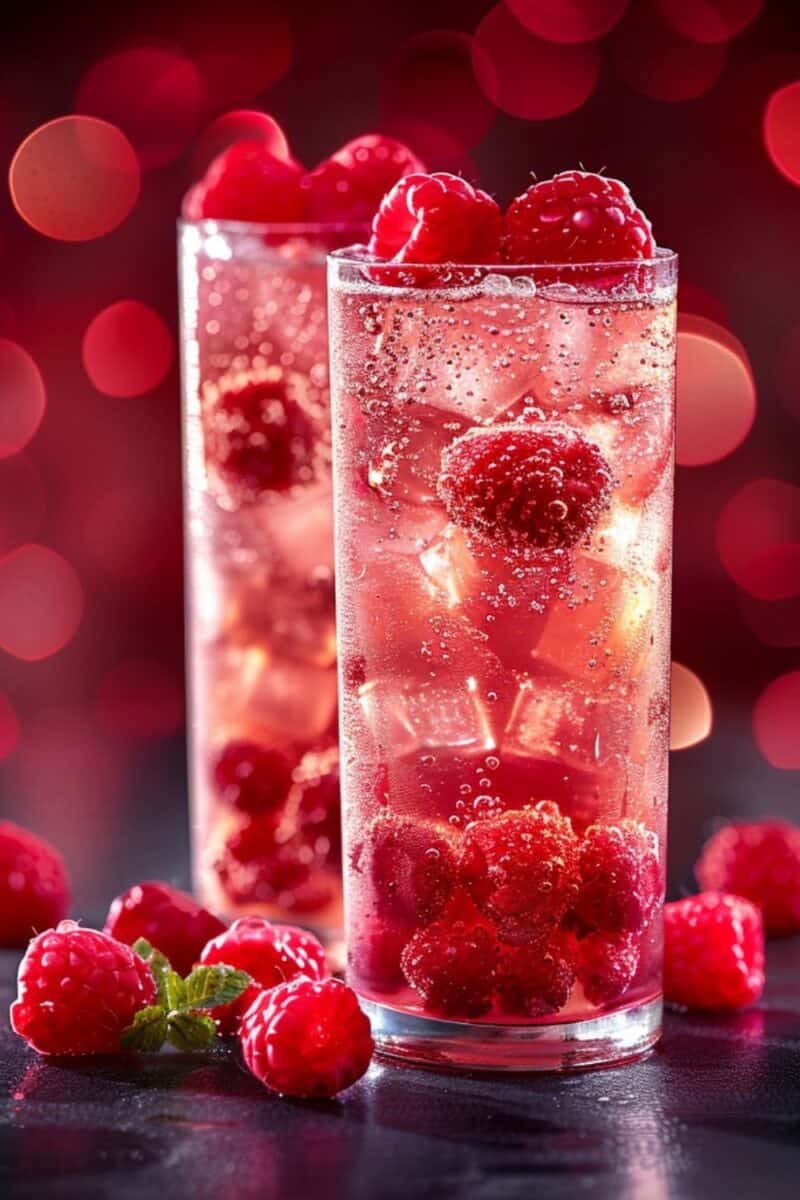 Two glasses of Raspberry Collins cocktail, elegantly presented with fresh raspberries and lemon garnishes, embodying the essence of summer refreshment.