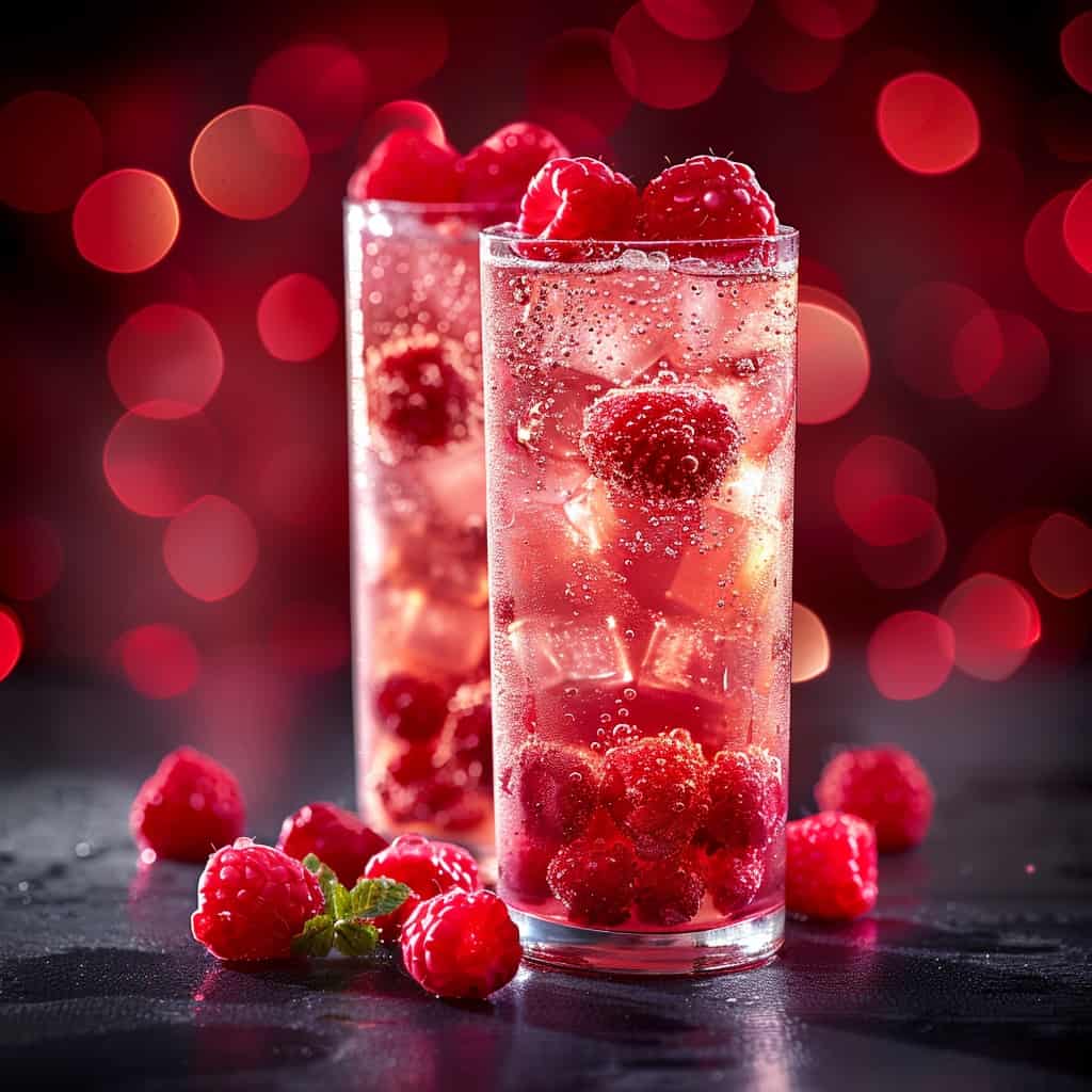 A pair of Raspberry Collins cocktails, radiating with the vibrant hues of raspberries and gin, served in tall glasses perfect for a summer toast.
