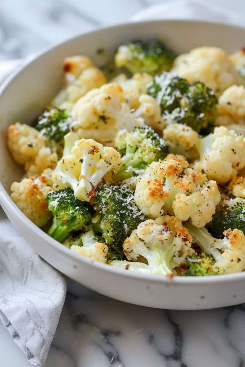 Broccoli and cauliflower florets roasted to perfection, with golden edges and a sprinkle of Parmesan, presented in a white bowl.