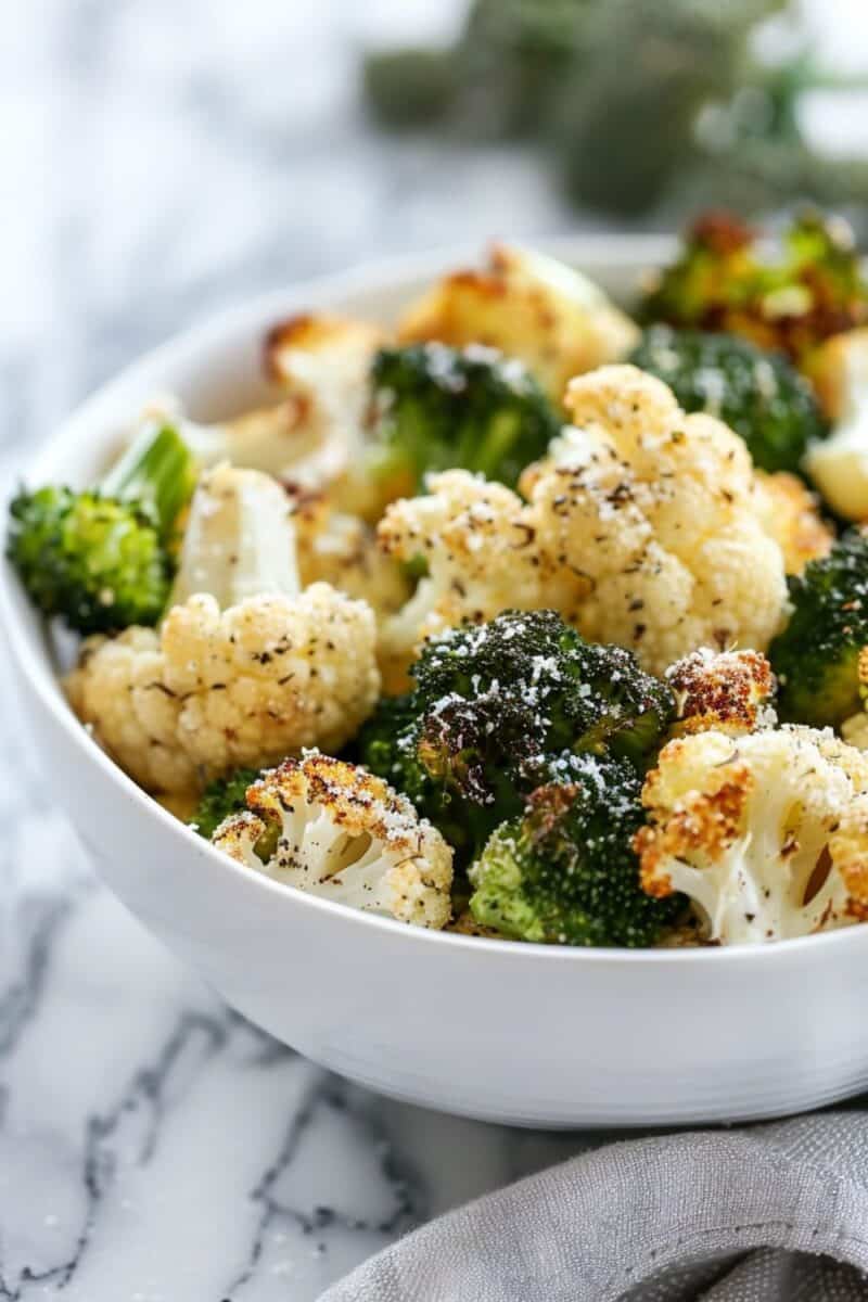 Crispy roasted broccoli and cauliflower medley, lightly coated in olive oil and sprinkled with Parmesan cheese, offering a savory and nutritious vegetarian option.