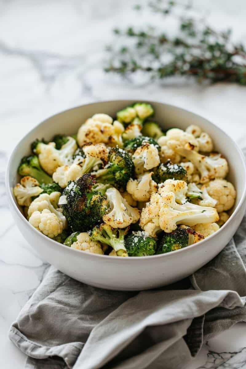 Tender-crisp broccoli and cauliflower florets caramelized to perfection in the oven, infused with the rich flavors of garlic and Parmesan, making an ideal low-carb side dish.
