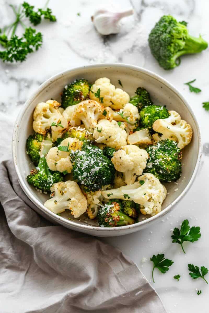  A white bowl filled with golden-brown roasted broccoli and cauliflower, topped with grated Parmesan cheese and garlic bits, captured from above to highlight the dish's delicious simplicity and homemade appeal.