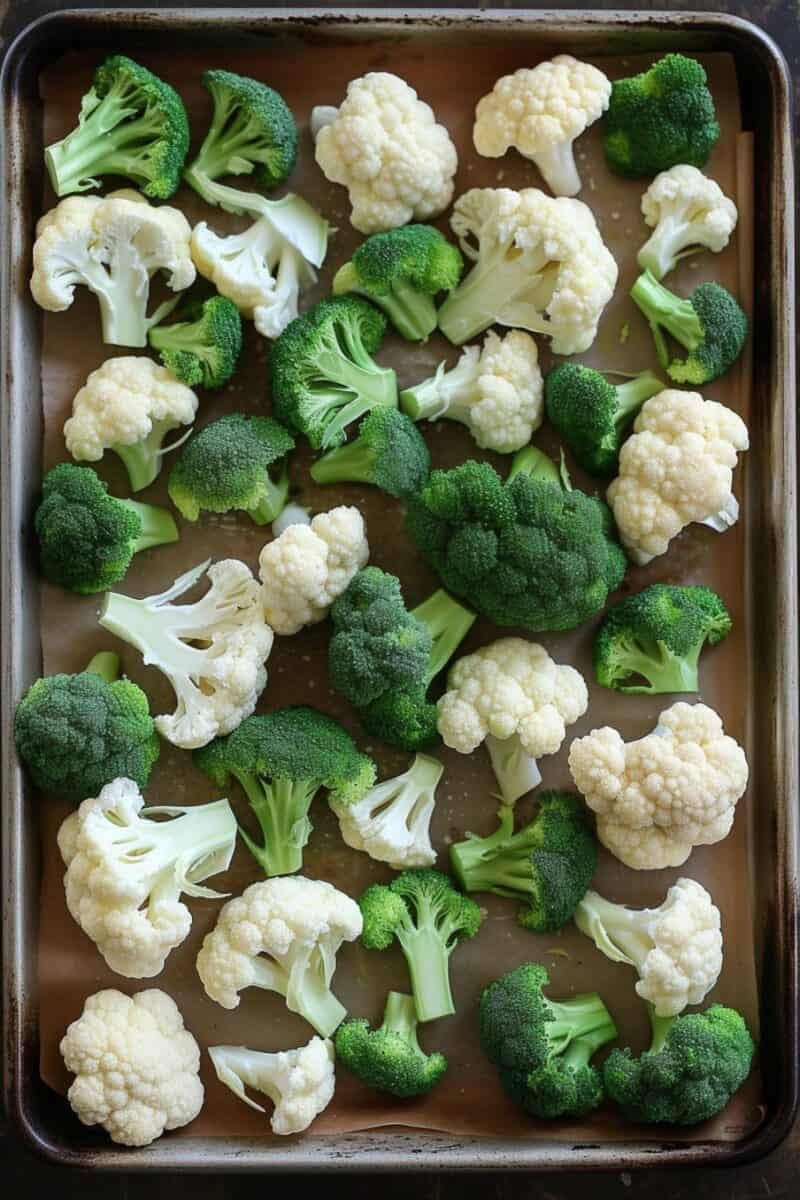 Broccoli and cauliflower florets arranged on a baking sheet, drizzled with olive oil and seasoned with salt and pepper, prepped for roasting to achieve a tender and golden finish.