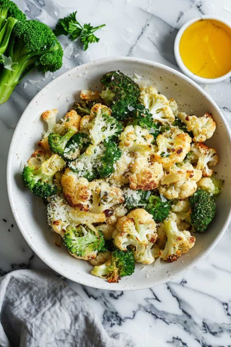 Oven-roasted broccoli and cauliflower florets sprinkled with finely grated Parmesan and minced garlic, ready to serve as a healthy, flavorful side dish for a family dinner.