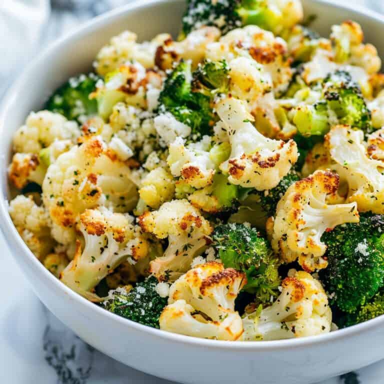 Golden, oven Roasted Broccoli and Cauliflower florets seasoned with garlic and Parmesan, served as a delicious, healthy side dish perfect for family dinners.