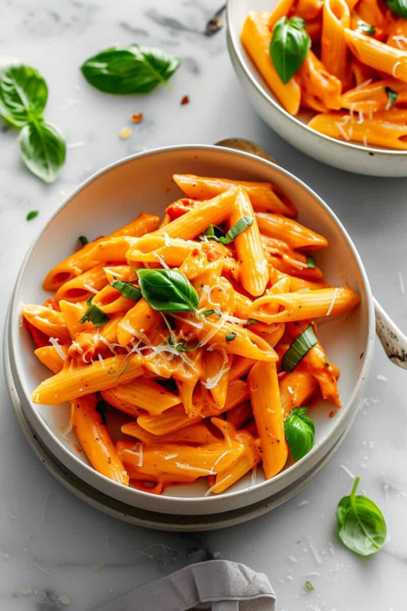 Three bowls of Roasted Red Pepper Pasta arranged side by side, each brimming with al dente penne in a creamy, slightly smoky red pepper sauce, garnished with Parmesan shavings and fresh basil, inviting a shared meal experience.