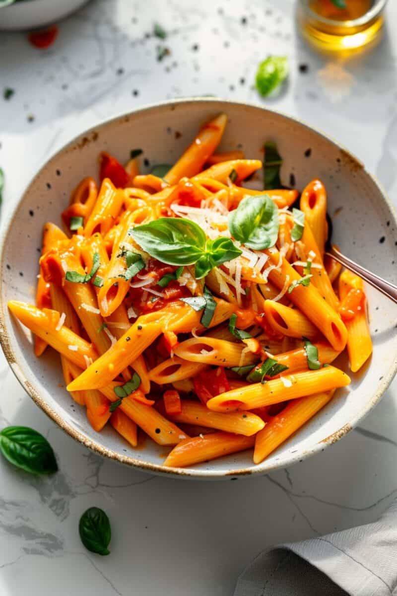 Elegant serving of penne enveloped in a homemade roasted red pepper sauce, topped with a generous dusting of Parmesan and fresh basil, illustrating a perfect blend of Italian flavors.