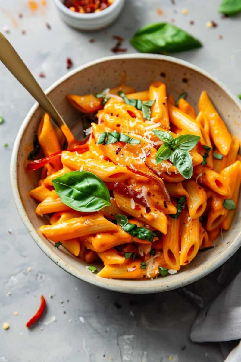 Steaming plate of Roasted Red Pepper Pasta with a smooth, creamy sauce and bright green basil garnish, ready to be enjoyed at a cozy family dinner.