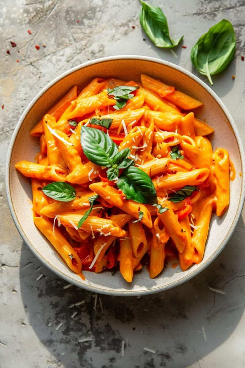 A close-up shot of perfectly cooked penne pasta generously coated in a smooth roasted red pepper sauce, with a sprinkle of grated Parmesan and a few fresh basil leaves for garnish, served on a white plate.
