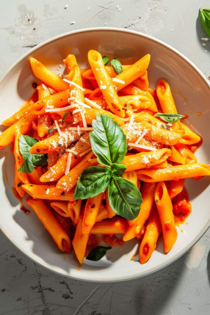 Overhead view of a bowl filled with penne pasta drenched in a rich, homemade roasted red pepper sauce, topped with freshly grated Parmesan cheese and vibrant green basil, ready for a comforting meal.