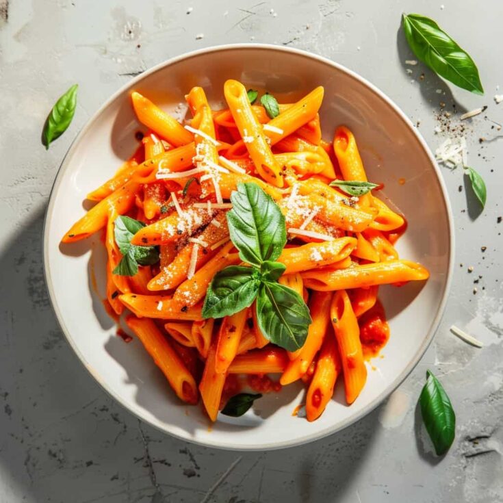 Overhead photo of a bowl of Roasted Red Pepper Pasta, garnished with grated Parmesan and fresh basil leaves, showcasing the creamy, vibrant red sauce coating each penne piece.