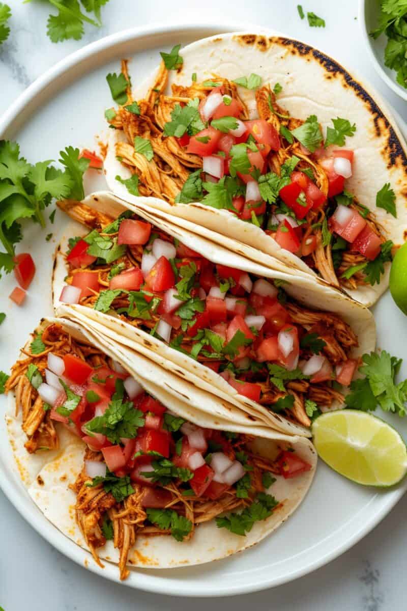 Top view of a platter with three shredded chicken tacos on corn tortillas, generously topped with diced red onion, chopped cilantro, and a squeeze of lime.