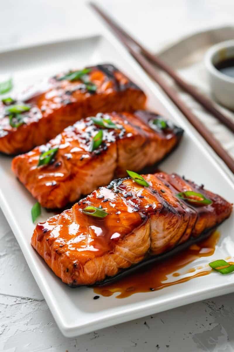 Golden-crusted Teriyaki Salmon fillets, rich in umami flavor, presented as a centerpiece for a light, nutritious meal, ideal for any quick weeknight feast.