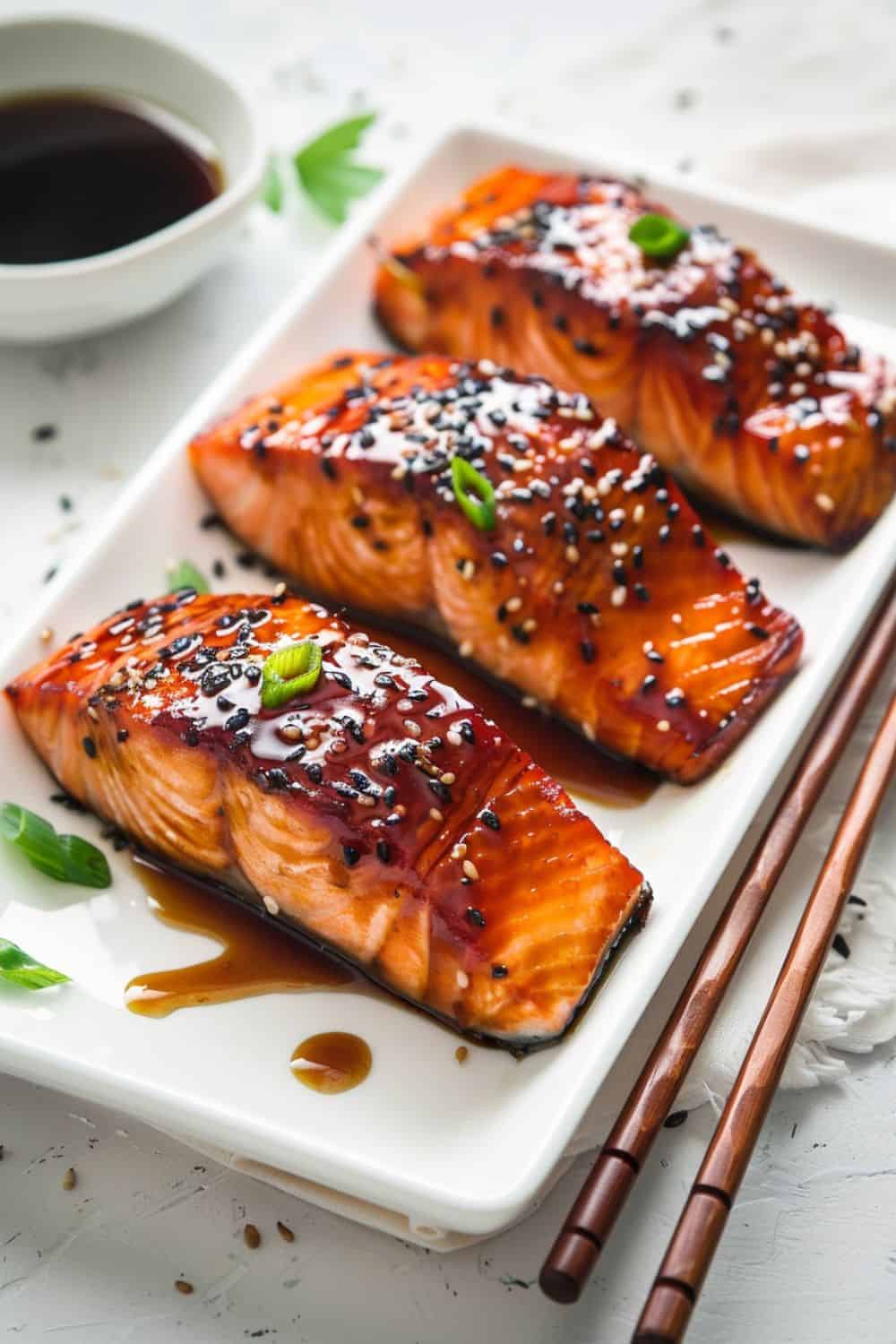 Luscious Teriyaki Salmon fillets, shimmering with a teriyaki glaze, offer a simple yet elegant meal option, ready in just 20 minutes for a satisfying family dinner.