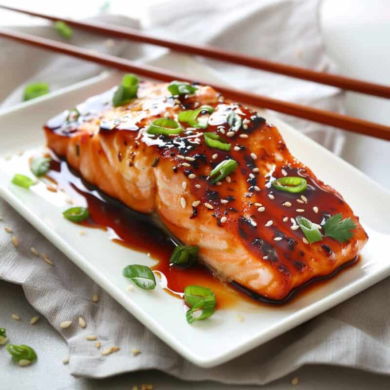 A succulent piece of Teriyaki Salmon, marinated and pan-seared to perfection, garnished with sesame seeds and green onions, ready in minutes.