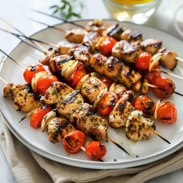 Juicy cherry tomatoes and marinated chicken pieces threaded on skewers, grilled to perfection with a slight char, served on a platter garnished with fresh herbs.