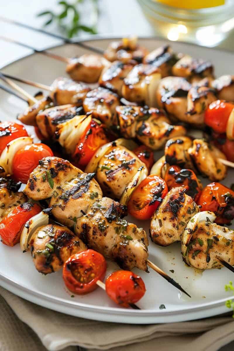 Close-up of Tomato Chicken Skewers showcasing the vibrant red of cherry tomatoes alternating with golden-brown grilled chicken, ready to be enjoyed at a summer barbecue.