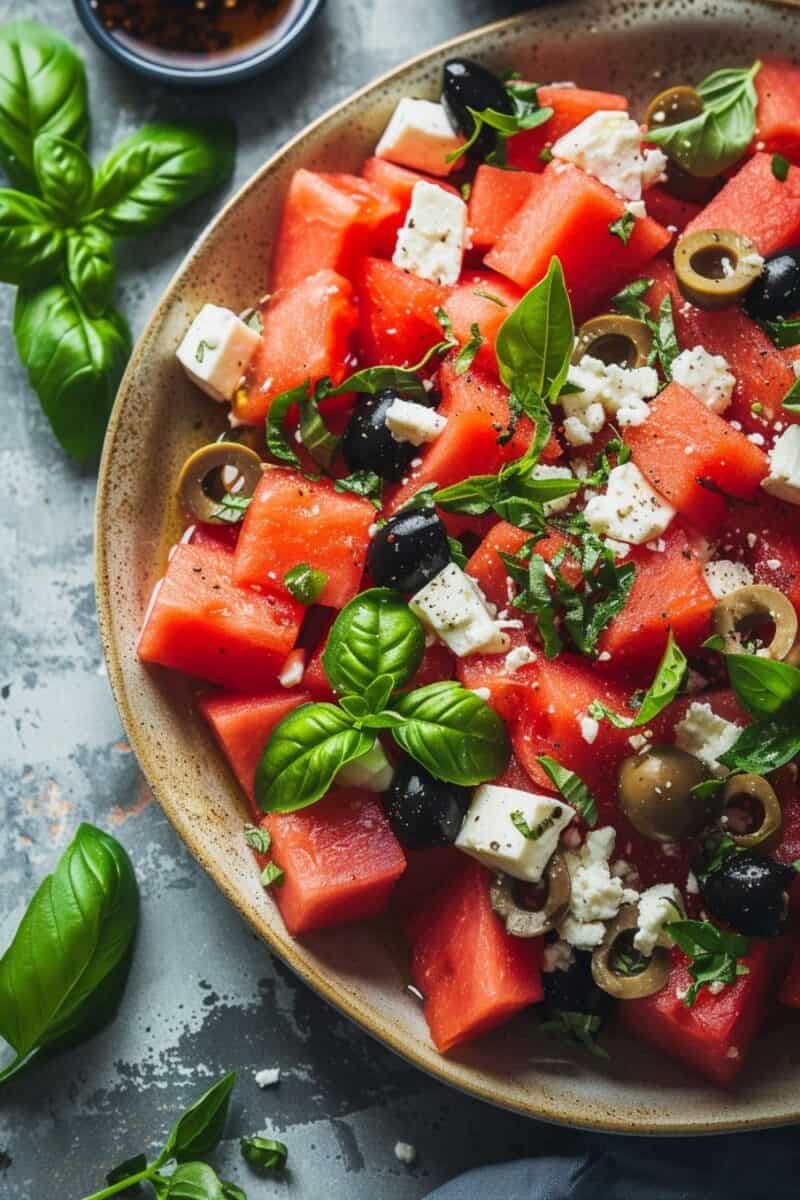 A vibrant plate of Watermelon and Feta Salad, highlighted by the contrast of red watermelon and white cheese, with green basil accents, on a stone surface.