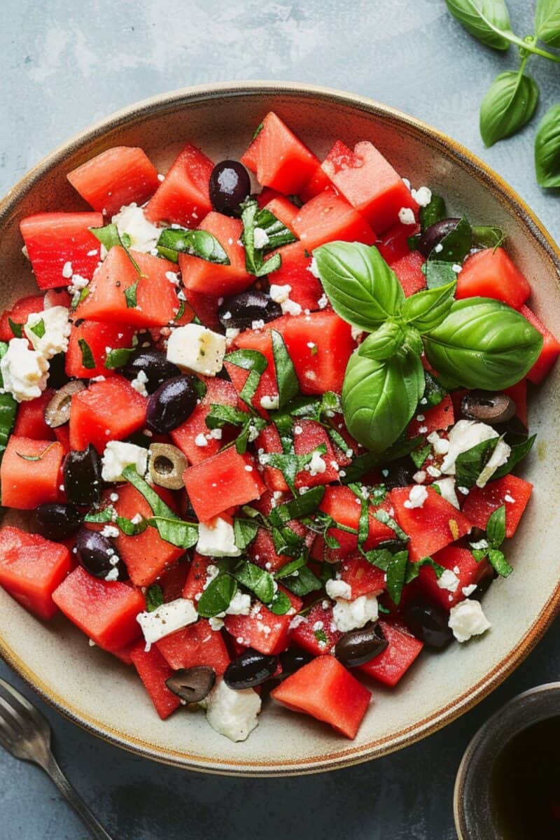 Close-up of a vibrant Watermelon and Feta Salad garnished with olives and basil on a dark stone plate, highlighting the dish's fresh ingredients.