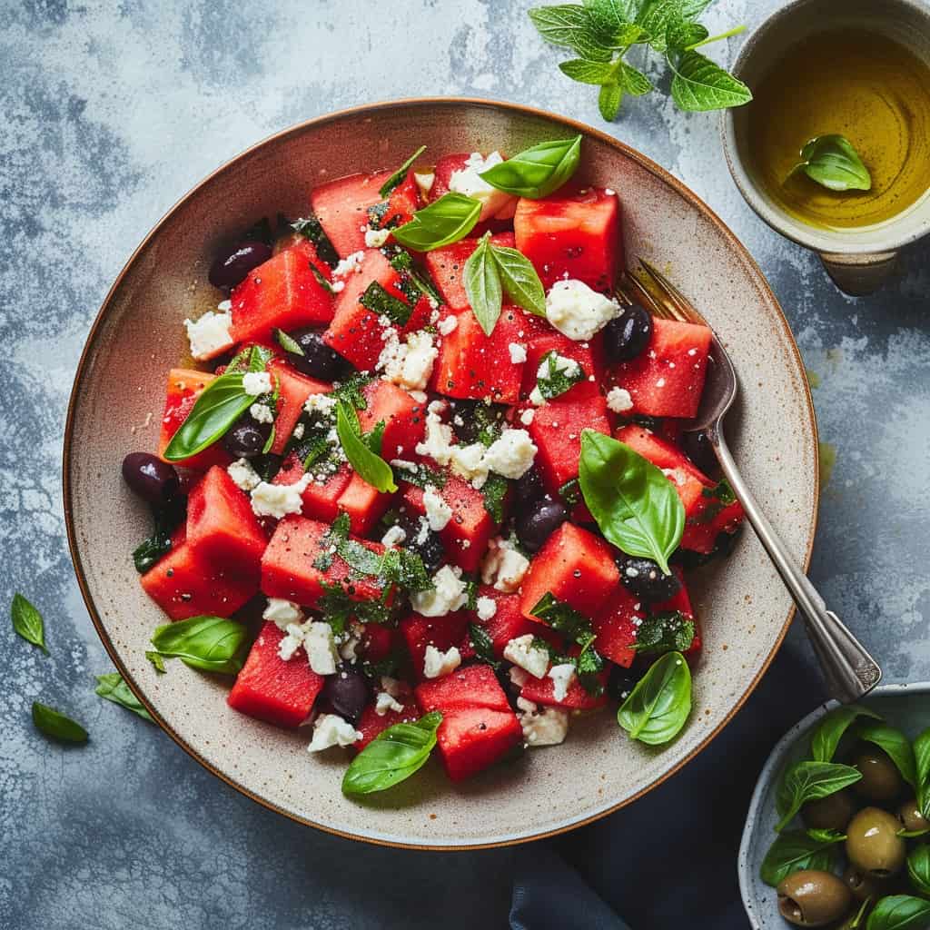 Overhead shot of a Watermelon Salad with Feta cheese, basil, and olives served on a plate against a stone background.