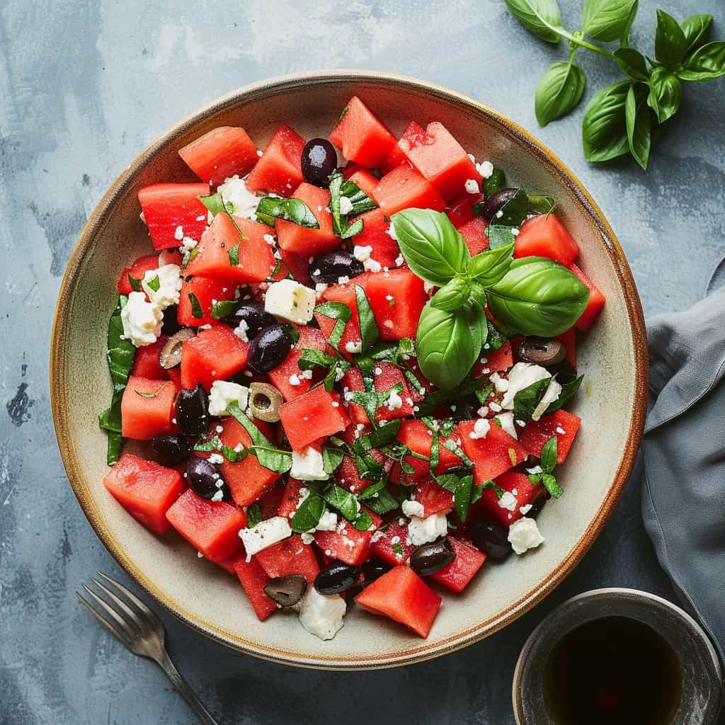 Summer Watermelon Salad served on a plate, featuring juicy chunks of watermelon, sprinkled with feta cheese and fresh basil, presented on a grey stone background for a refreshing summer meal.