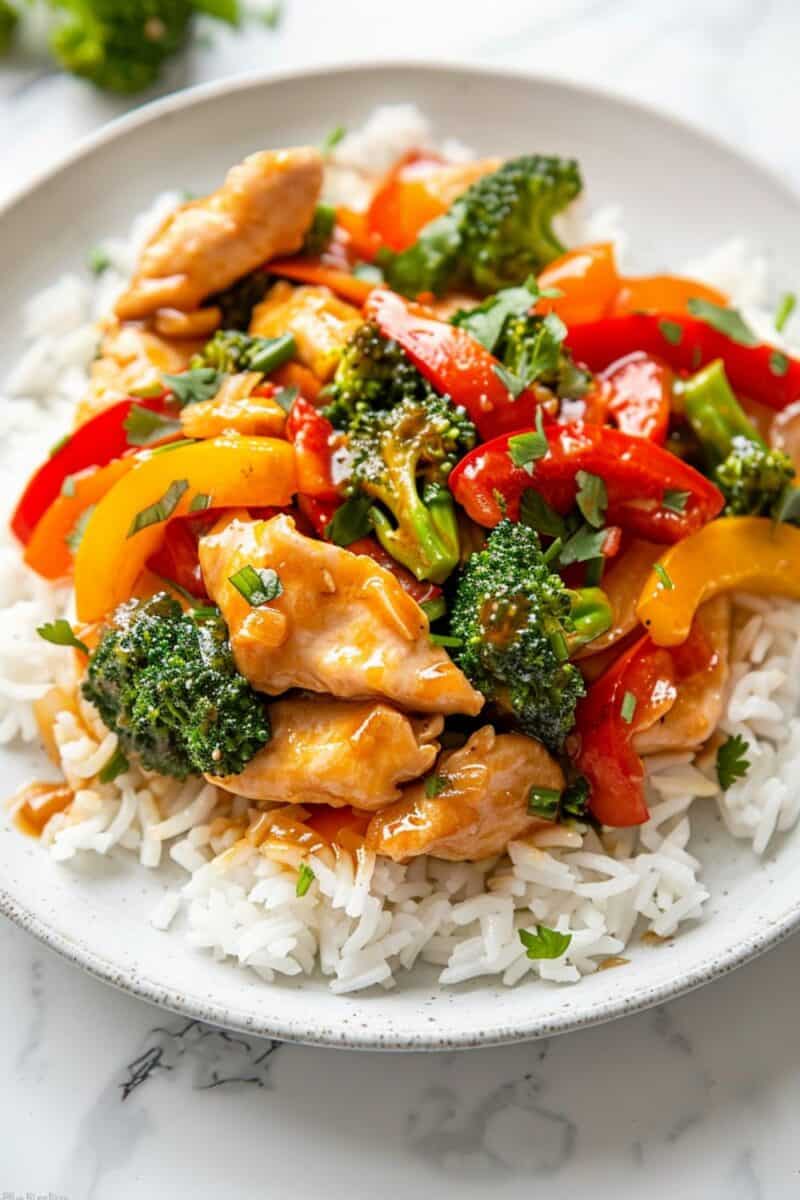 A hearty serving of chicken stir-fry with bright broccoli and peppers, emphasizing a quick and easy dinner ideal for busy weeknights, garnished with sesame seeds.