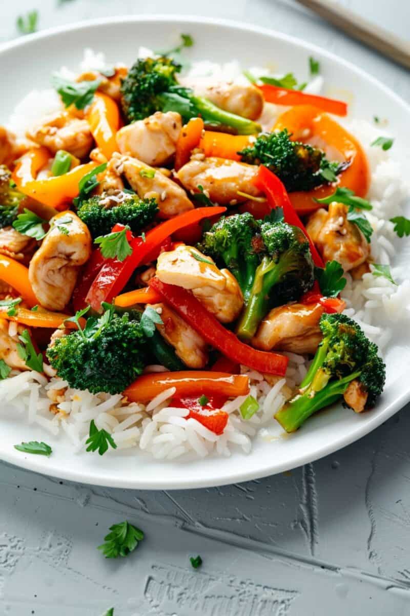 Steaming chicken stir-fry loaded with crisp broccoli and colorful peppers, perfectly coated in a rich, Asian-inspired sauce, ready to be served as a wholesome meal.