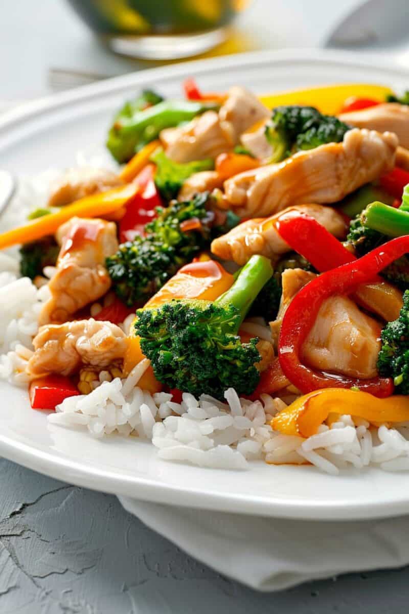 Close-up of a vibrant, easy-to-make chicken stir-fry with fresh broccoli and sliced bell peppers, highlighting the dish's fresh vegetable ingredients and lean protein.