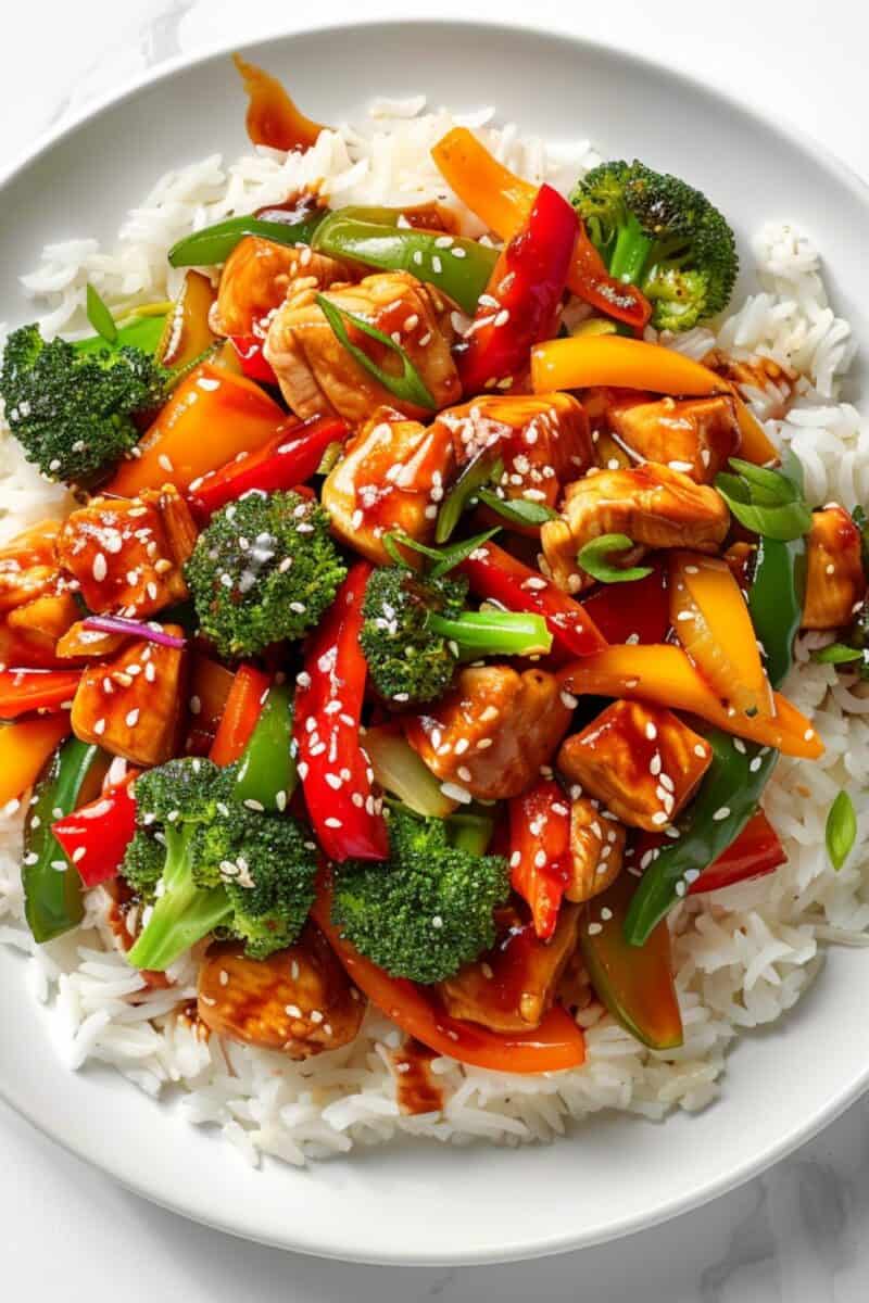 A detailed view of a flavorful chicken stir-fry dish, featuring tender chicken pieces, broccoli, and sliced peppers, drenched in a savory sauce, epitomizing easy clean-up meals.